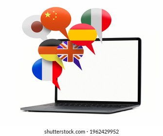 Laptop with bubble speech flags. Learning languages online, translate concept. Isolated white background
