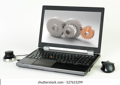 Laptop With CAD System And A Gear Wheel On The Screen