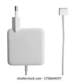 Laptop Charger Isolated On White, Top View. Modern Technology