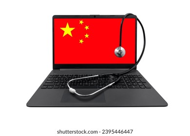 Laptop with China flag on screen and medical stethoscope isolated on white background. Chinese healthcare system concept - Shutterstock ID 2395446447