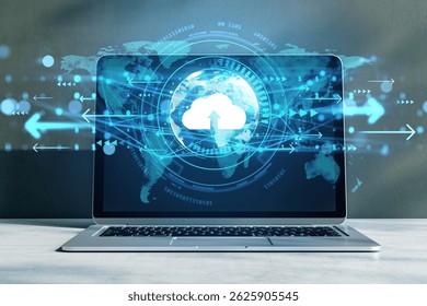 Laptop with cloud upload icon on screen, digital style, on neutral background. Concept of global data exchange, storage, and cloud technology
