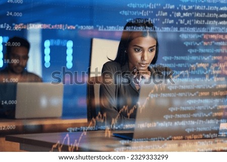 Laptop, code hologram and woman thinking of data analytics, information technology or software overlay at night. Computer and IT people solution with algorithm, statistics and cybersecurity research