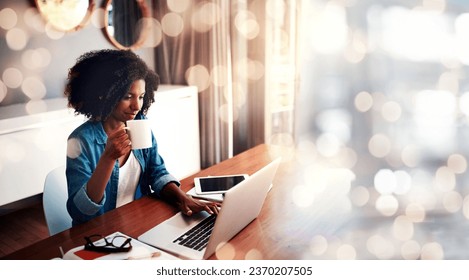 Laptop, coffee shop and a freelance black woman on double exposure for remote work as a journalist. Creative, design and space with a young editor entrepreneur typing an article in an internet cafe