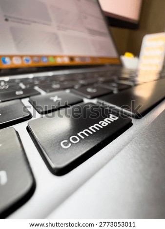 Laptop command key, laptop key, close-up macro photo, black keyboard, copy space. High quality
