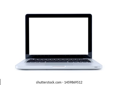 Laptop-Computer mit leerem Bildschirm einzeln auf weißem Hintergrund, mit Auswahlpfad.