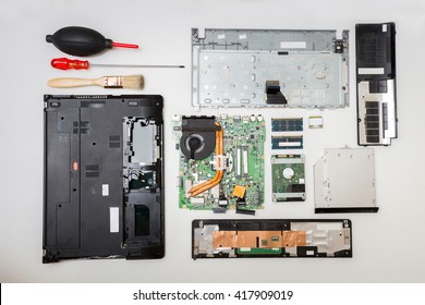 Laptop Computer Broken On White Background,Repair Concept,Top View