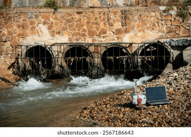 Laptop computer and a connected water sampling device equipment appears to collecting or analyzing data the water quality industrial wastewater discharged into natural water concept.