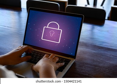 Laptop Computer with Data protection, Cyber security, information safety and encryption concept. internet technology and business concept, Mockup with copy space.