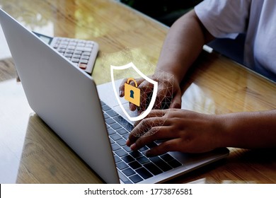 Laptop Computer With Data Protection, Cyber Security, Information Safety And Encryption Concept. Internet Technology And Business Concept, Mockup With Copy Space.