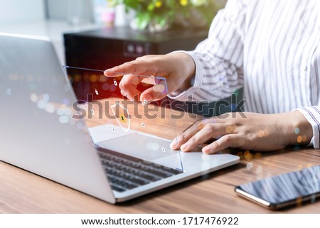Laptop Computer with Data protection, Cyber security, information safety and encryption concept. internet technology and business concept, Mockup with copy space.