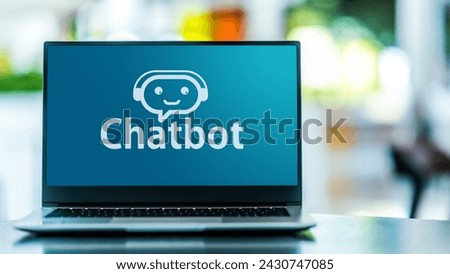 Laptop computer displaying an icon of a generative artificial intelligence chatbot, a software application or web interface that is designed to mimic human conversation