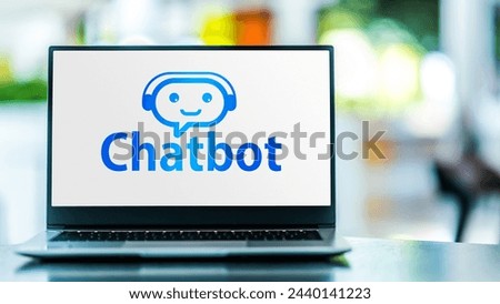 Laptop computer displaying an icon of a generative artificial intelligence chatbot, a software application or web interface that is designed to mimic human conversation