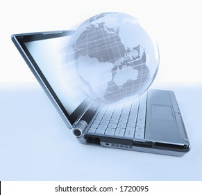 Laptop computer with globe emerging from the screen