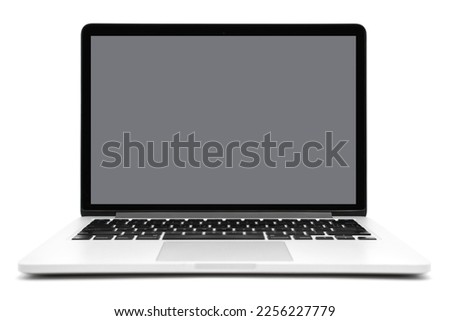 Laptop computer with grey screen isolated on white background.