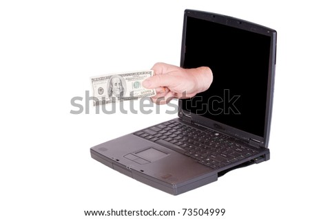 Laptop Computer with hand coming out of the screen holding a one hundred dollar bill, suggesting earning money with your computer, paypal payment, cash for your old computer