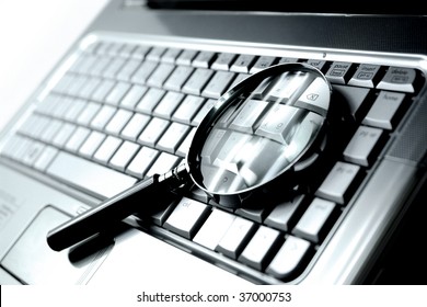 Laptop Computer With Magnifying Glass, Concept Of Search.