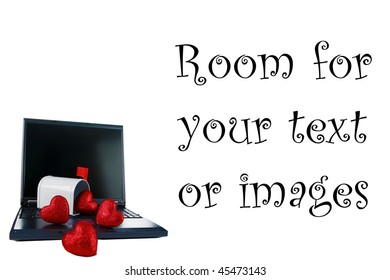 a laptop computer with a mail box isolated on white with  Valentines Day Hearts represents 