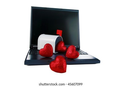 a laptop computer with a mail box isolated on white with Valentines Day Hearts represents 