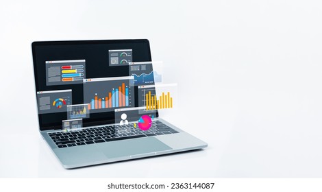 Laptop computer on white background and dashboard for business analysis. Data and management system with KPIs and indicators connected to databases for finance, technology, operations, marketing