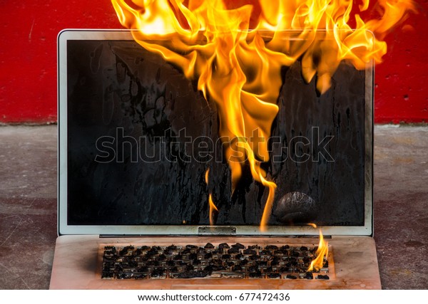 Laptop Computer Screen Engulfed Flames Burning Royalty Free