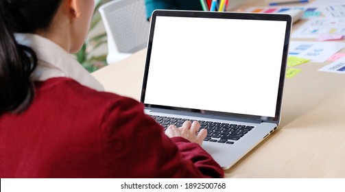 Laptop computer screen mockup, template background, Woman typing laptop computer with blank screen at coworking space, office, Business online, e commerce, online education learning concept 