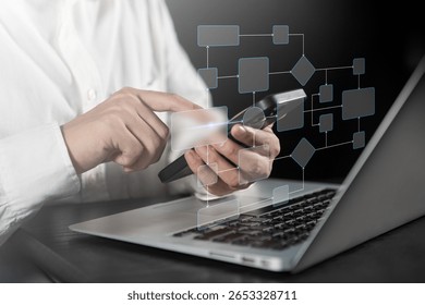 Laptop computer supports software engineer in process workflow, flowchart diagram merging, business scheme analysis, and efficient data processing