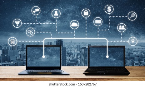 laptop computers with network connection and sharing data to other devices. Internet networking and connection