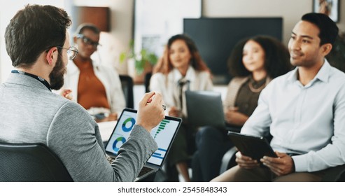 Laptop, data and businessman in meeting with team for planning, financial analysis or performance metrics. Computer, group or manager brainstorming stats for risk management or investment in office - Powered by Shutterstock