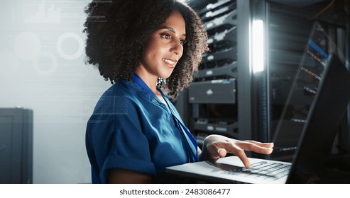 Laptop, data center and technician programming software, update or system analysis overlay. Technology, server room and woman on database for information, cyber security or code for cloud computing - Powered by Shutterstock