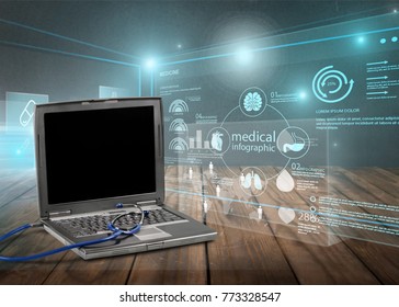Laptop diagnosis with  stethoscope and digital illustration - Shutterstock ID 773328547