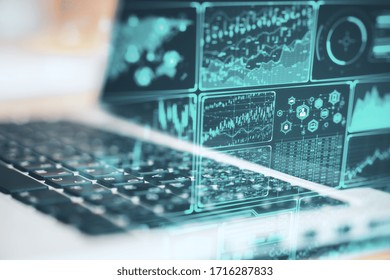 Laptop and digital system security interface on screen. Business and security concept. Double exposure