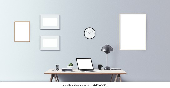 Laptop Display And Office Tools On Desk. Laptop Screen Isolated. Modern Creative Workspace Background. Front View