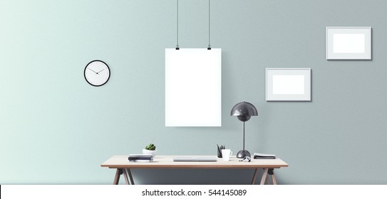 Laptop Display And Office Tools On Desk. Laptop Screen Isolated. Modern Creative Workspace Background. Front View