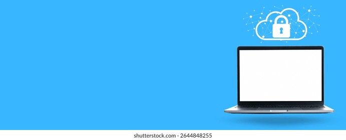 Laptop displayed on a bright blue background with a cloud and lock symbol above it - Powered by Shutterstock - Get 15% off with code: PIKWIZARD15