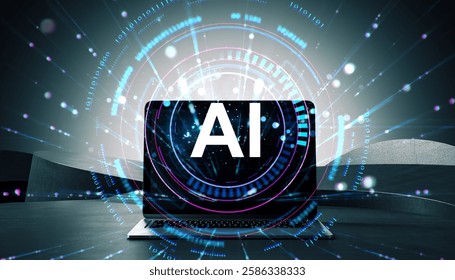 Laptop displaying AI text with glowing digital elements and data streams on dark background. Futuristic concept of artificial intelligence and technology