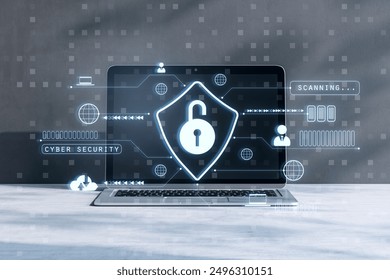 Laptop displaying a glowing lock icon with various cybersecurity and data protection holographic elements on a dark background, concept of cybersecurity. 3D Rendering. - Powered by Shutterstock