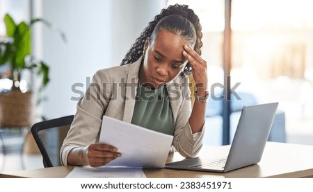 Laptop, document and businesswoman with stress in the office while working on a project deadline. Overworked, computer and African female lawyer with burnout reading legal paperwork in the workplace.