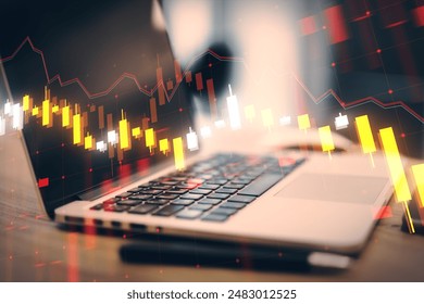 A laptop with double exposure of financial graphs, symbolizing market analysis on a blurred office background, concept of business analytics - Powered by Shutterstock