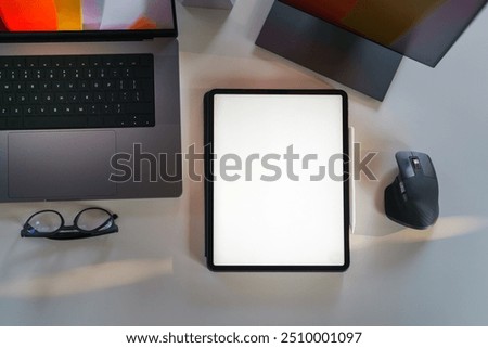 laptop empty tablet screen mockup top view office desk