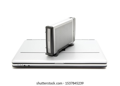 Laptop with external hard drive, data backup