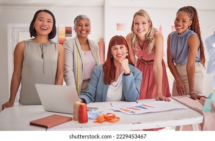 Laptop, fashion and team of creative women in meeting to plan a project together in the office. Diversity, designers and portrait of female group in collaboration working on clothes in the workplace. - Powered by Shutterstock