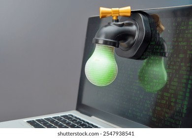 A laptop and a faucet with binary code. Data leaks and cybersecurity concept.