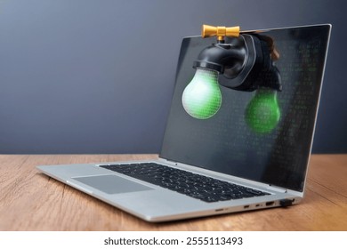 A laptop and a faucet with binary code. Data leaks and cybersecurity concept.