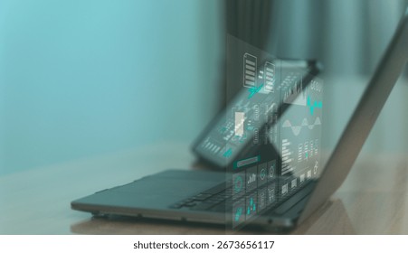 Laptop with floating document icons and interface, representing cloud storage, file management, and digital organization system.