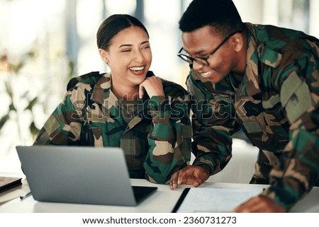 Laptop, friends and an army team laughing in an office on a military base camp together for training. Computer, happy or funny with a man and woman soldier working together on a winning strategy