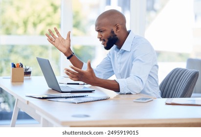 Laptop, frustrated and confused black man in office with scam, glitch or error 404 with info loss in business. Computer crash, stress or angry worker with bad news, spam or reading email for job fail - Powered by Shutterstock