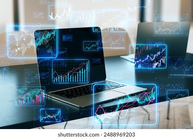 A laptop with graphs and data visualizations overlaid, depicting analytics in a double exposure style, set against an office background, concept of financial analysis - Powered by Shutterstock