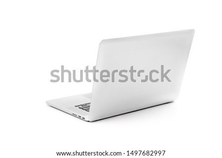Laptop gray metalic sliver colour notebook in backside view open cover on the white background. Clipping Path.