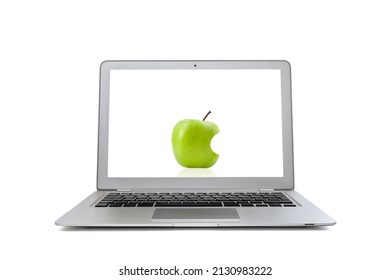 Laptop With Green Apple In Screen Isolated On White Background