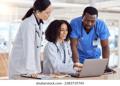 Laptop, group collaboration or doctors reading healthcare results, online clinic feedback or medicine report. Hospital diversity, communication or medical nurse, surgeon or staff teamwork on research - Powered by Shutterstock